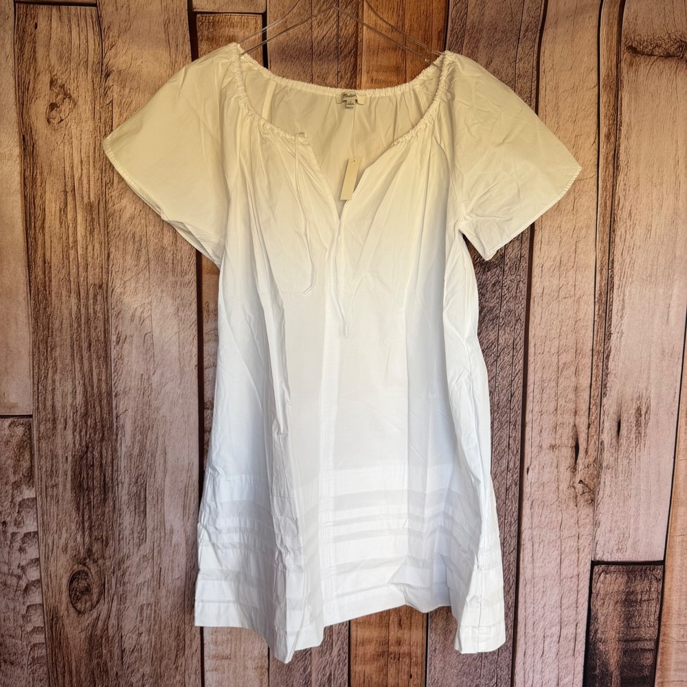 Madewell Dress Poplin Flutter Sleeve Pintuck Mini Summer White Beach‎ Medium NWT